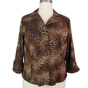 Button Front Stretch Blouse V Neck Animal Print Brown Size 2X dressbarn Career